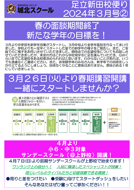 足立新田校便り〜春の面談期間終了。新たな学年の目標を！