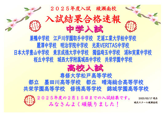 2025年度入試 合格速報（2/17時点）