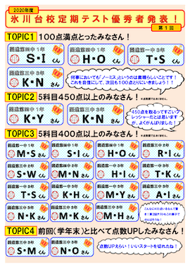 【中学生】2020年度 第1回 定期テスト優秀者発表！