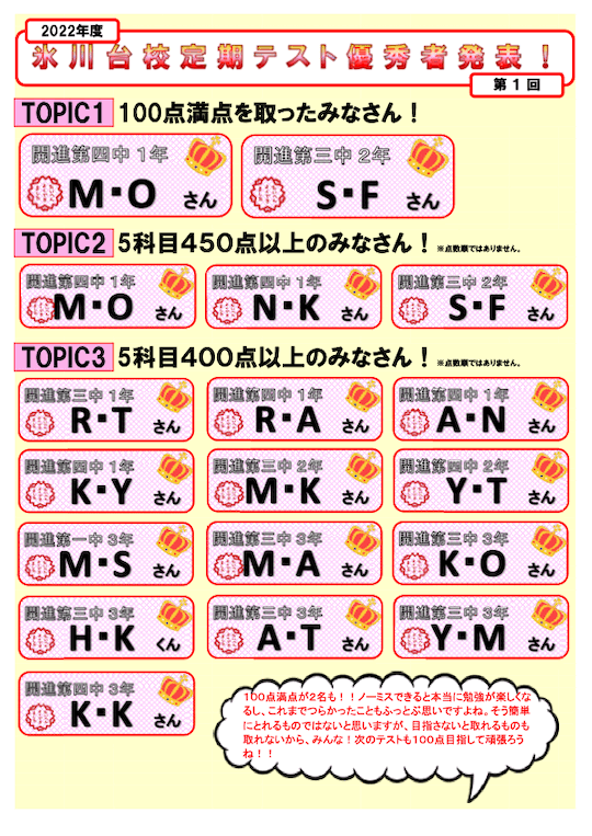 氷川台校定期テスト優秀者発表！