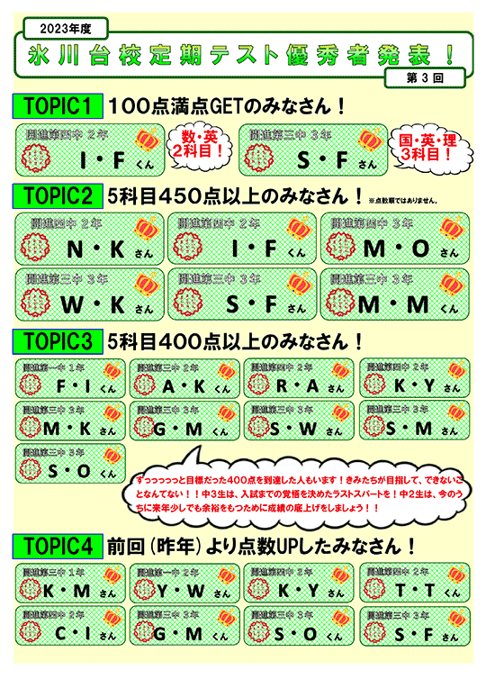 氷川台校定期テスト優秀者発表！