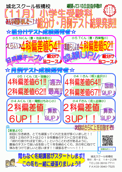 11月 小学生受験科 組分け・月例テスト結果発表！