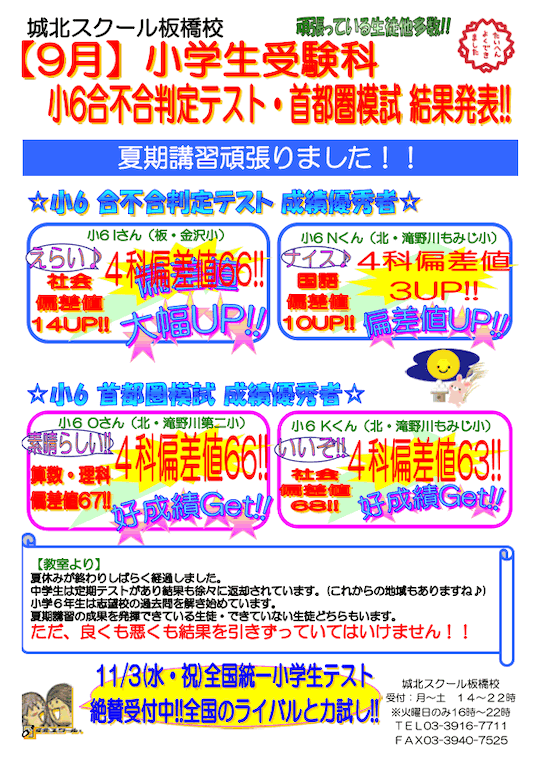 【小6】9月 受験科 合不合判定テスト・首都圏模試 結果発表！