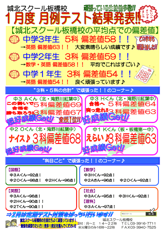 【中学生】1月度 月例テスト結果発表！