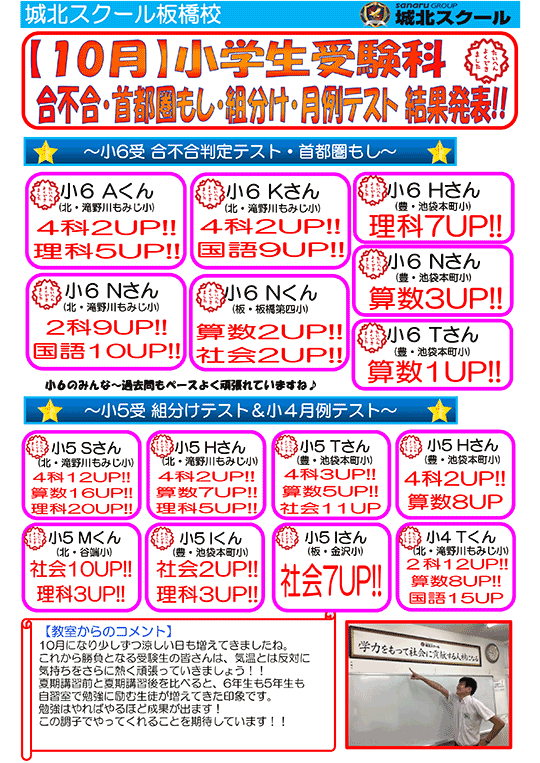 【小学生】10月 受験科 合不合・首都圏もし・組み分け・月例テスト結果発表！