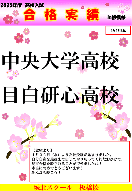 2025年度高校入試 板橋校単独 合格速報（1/22日付）