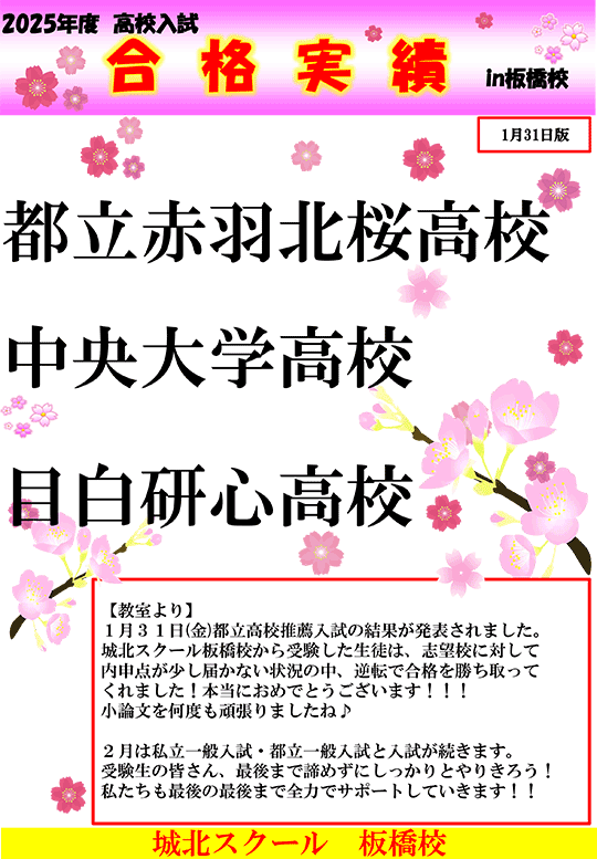 2025年度高校入試 合格速報（1/31時点）