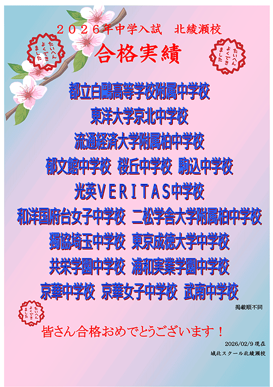 2026年度 中学入試合格実績（2026年 2/9時点）