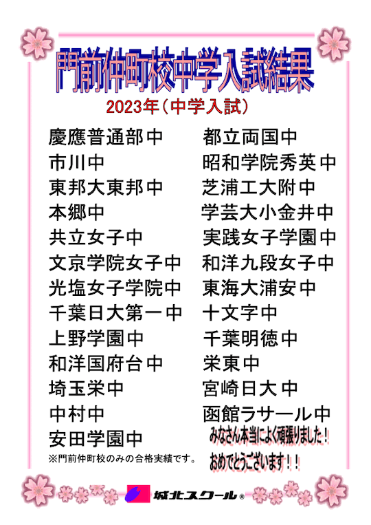 2023年度中学入試 合格実績