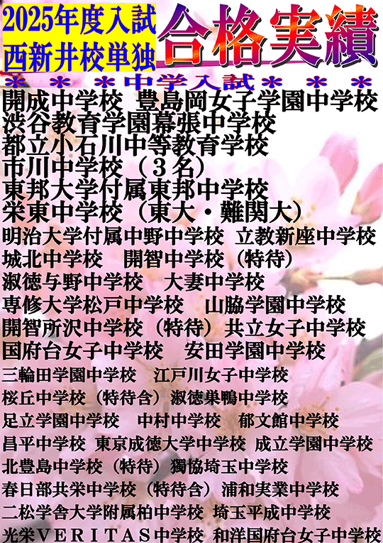 2025年度中学入試 西新井校単独 合格速報