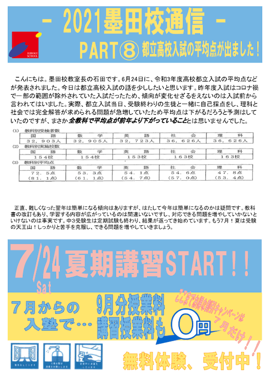 墨田校通信〜都立高校入試の平均点が出ました！〜