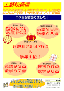 上野校通信〜中学生 1学期末テスト成績〜