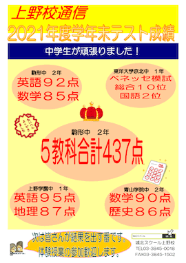 上野校通信〜2021年度学年末テスト成績〜