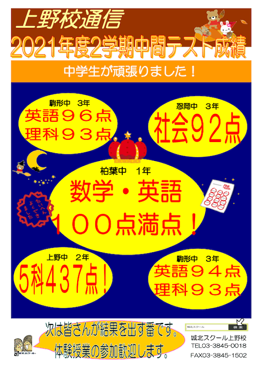 上野校通信〜2学期中間テスト成績〜