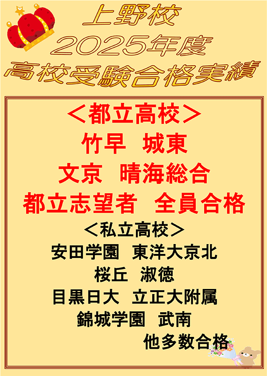 2025年度高校受検 上野校単独 合格実績