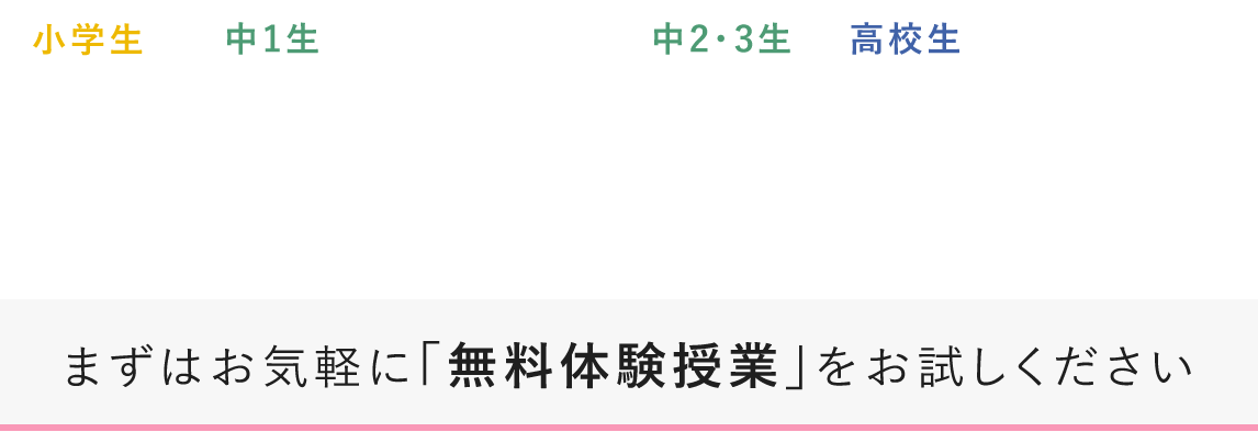 新年度開講！ 小学生・中1生は2月開講 中2・3生と高校生は3月開講 まずはお気軽に「無料体験授業」をお試しください